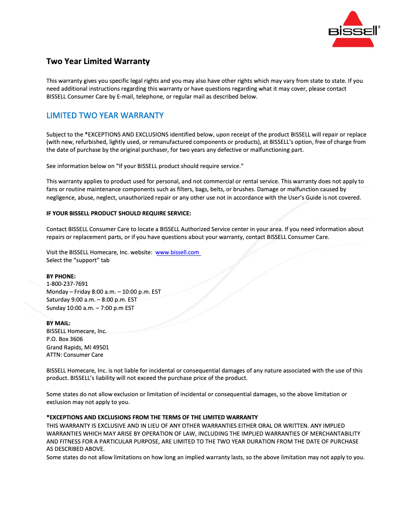 Página 1 del manual Información de garantía Bissell air400