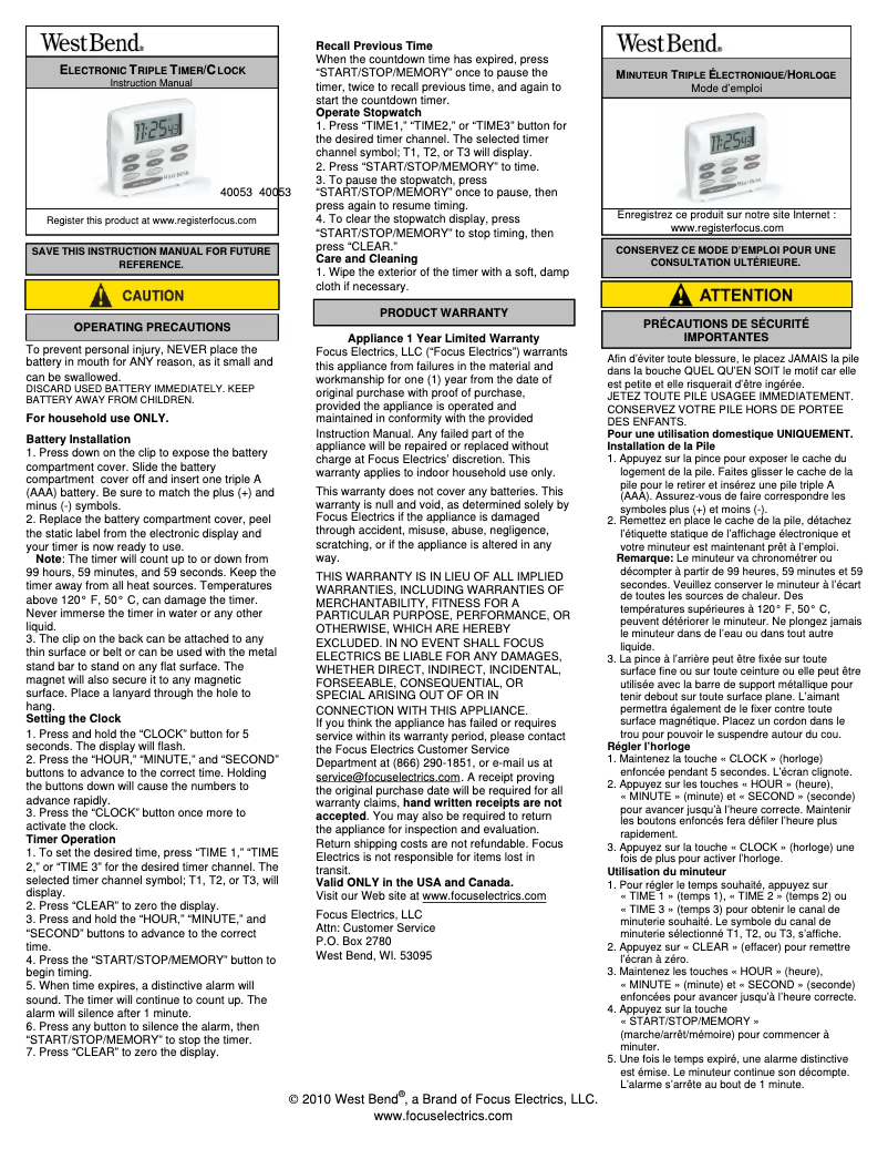 Página 1 del manual Manual de usuario WestBend 40053