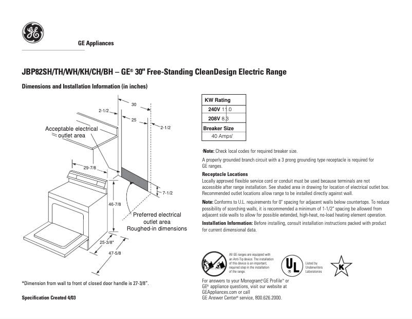 Página 1 del manual Ficha técnica GE JBP82WHWW