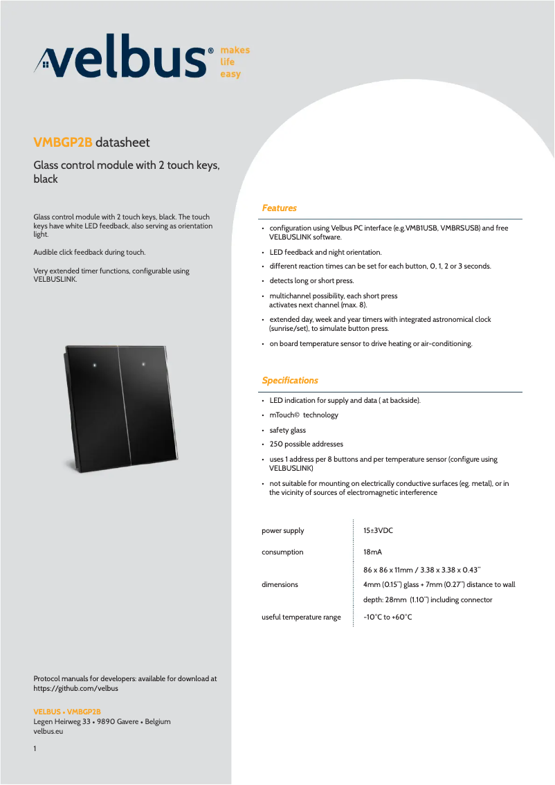 Página 1 del manual Ficha técnica Velbus VMBGP2B