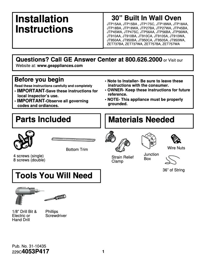 Imagen de la primera página del manual del dispositivo Profile JTP18BDBB