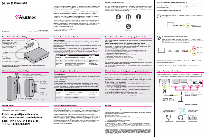 Página 1 del manual Manual de usuario Aluratek Bluetooth Wireless TV Streaming Kit
