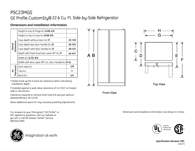 Página nº 1 - Ficha técnica GE Profile CustomStyle PSC23MGSWW