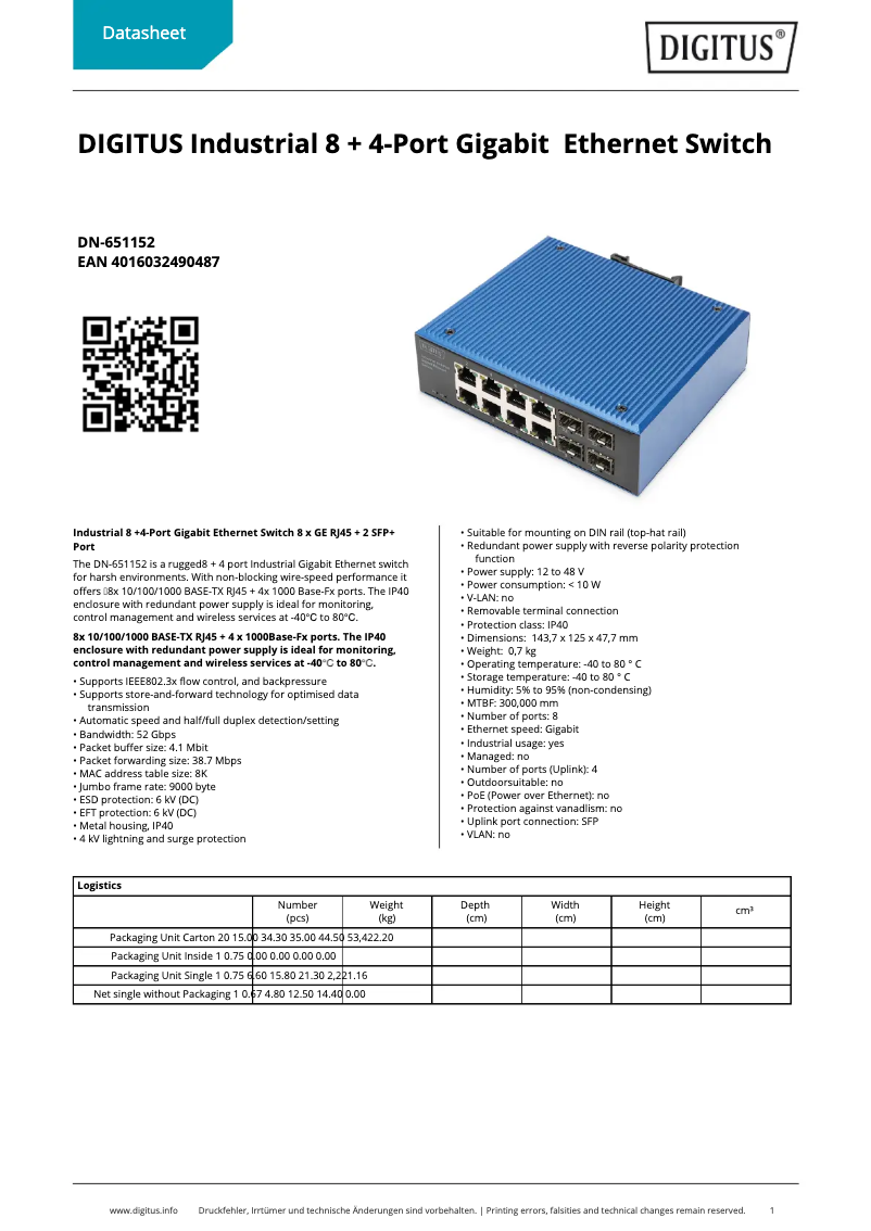 Página 1 del manual Ficha técnica Digitus DN-651152