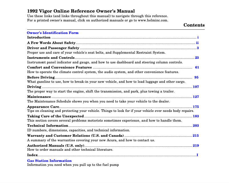 Página 1 del manual Manual de usuario Acura Vigor (1992)