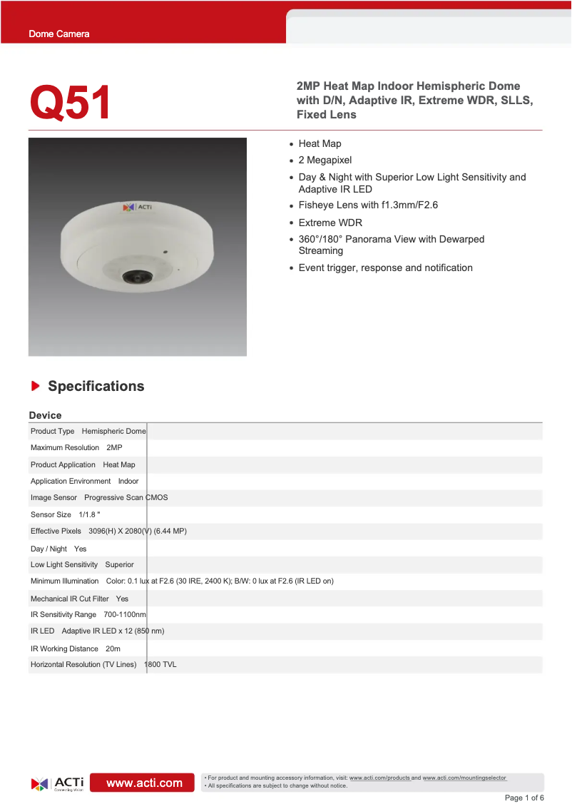 Página 1 del manual Ficha técnica ACTi Q51