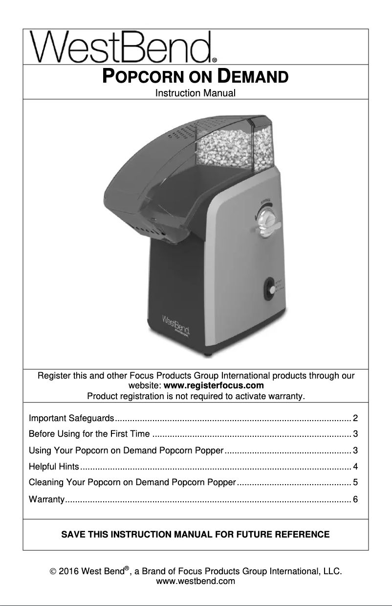 Página 1 del manual Manual de usuario WestBend Popcorn on Demand 82701