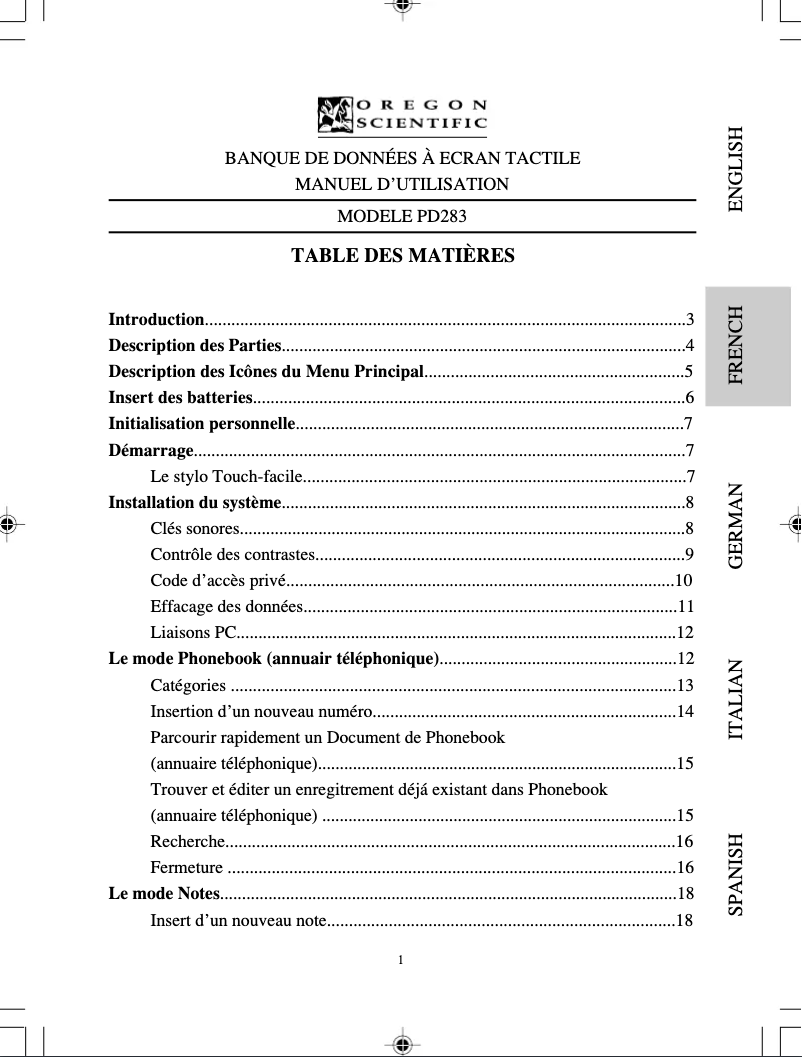 Página 1 del manual Manual de usuario Oregon Scientific PD283