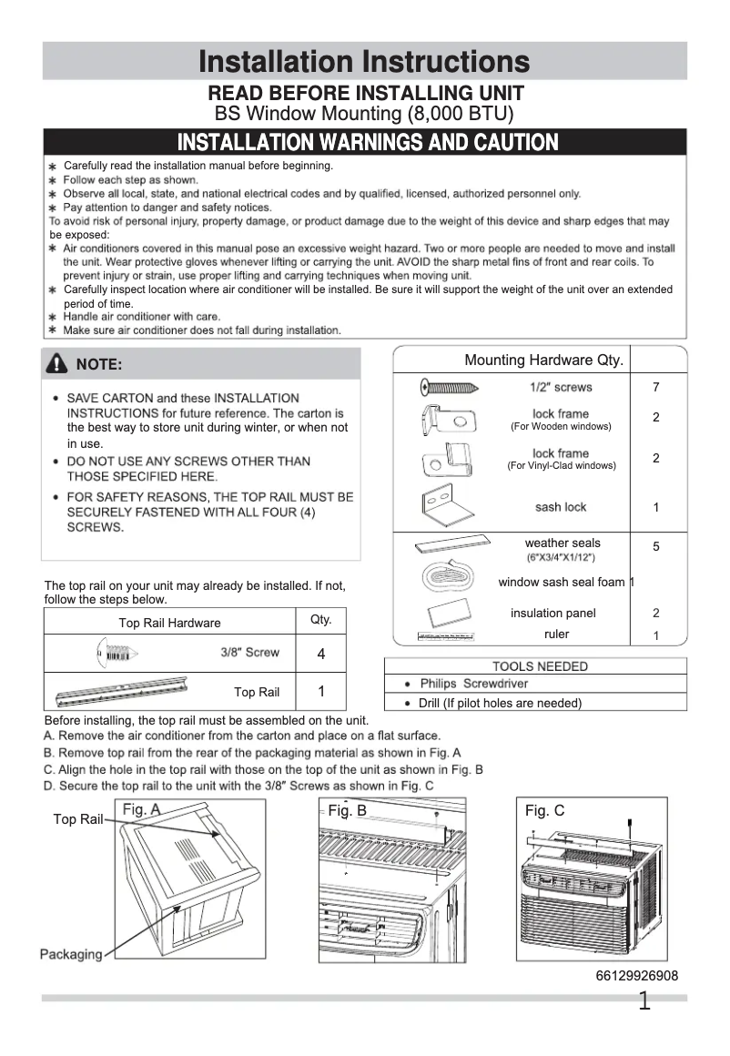 Página 1 del manual Guía de instalación Frigidaire FFRE0833U1