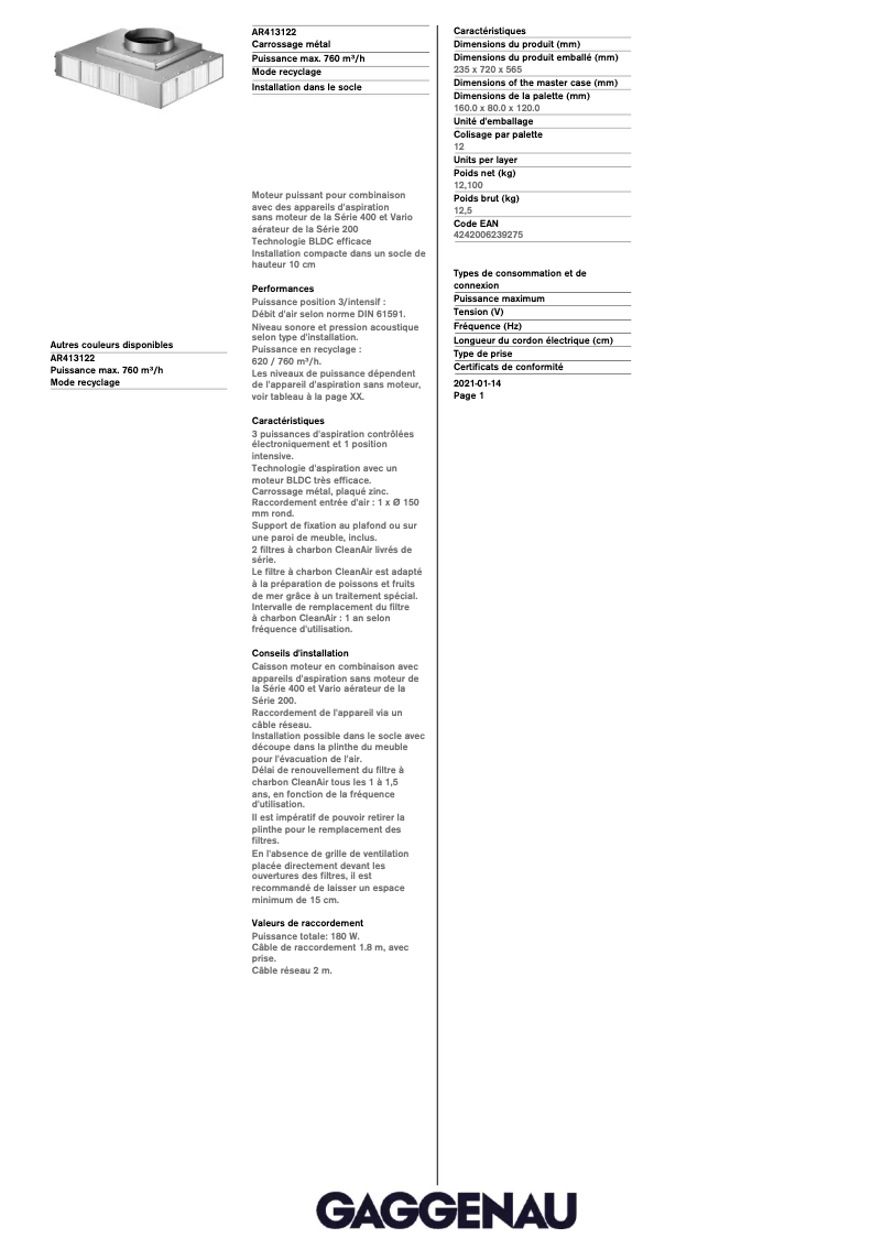 Página 1 del manual Ficha técnica Gaggenau AR413122