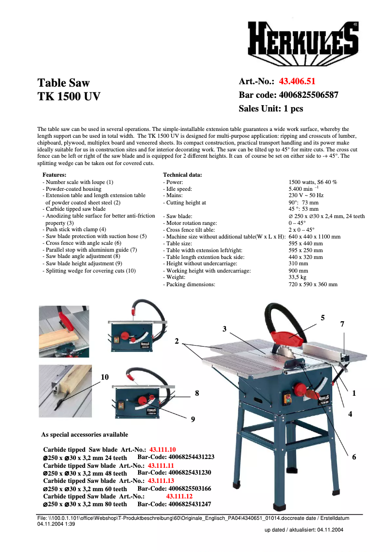 Página 1 del manual Ficha técnica Herkules TK 1500 UV