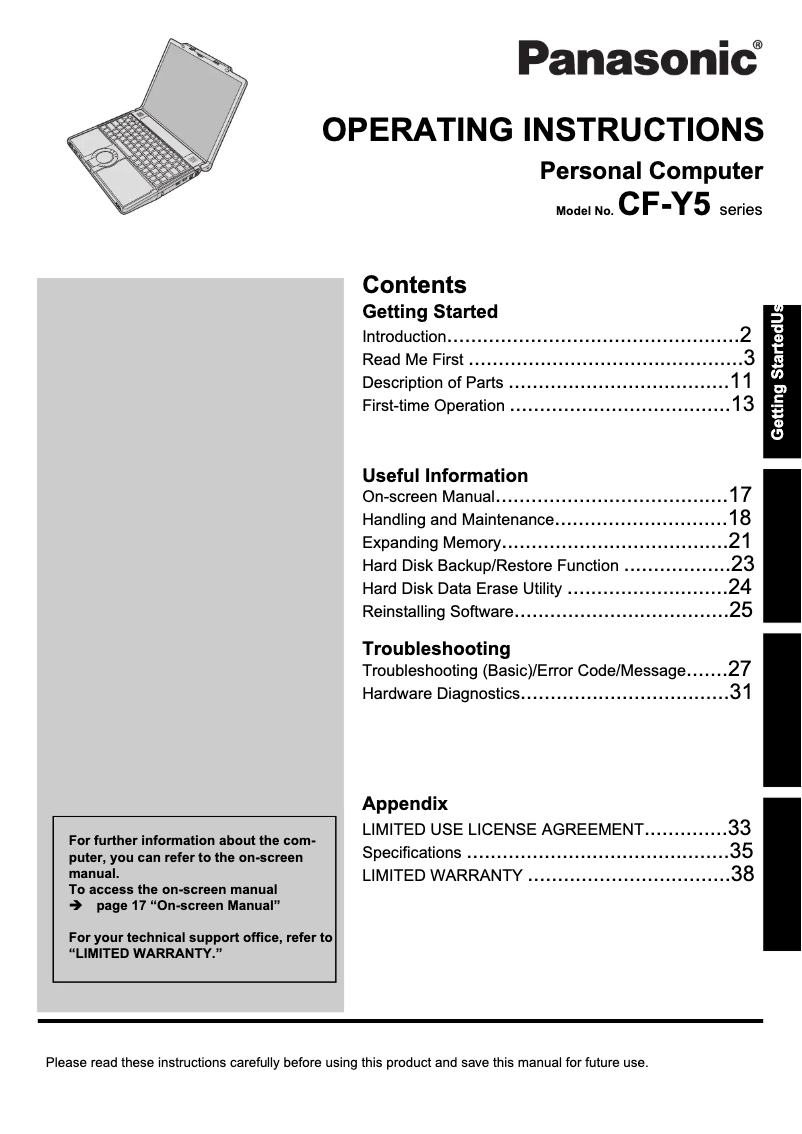 Página 1 del manual Manual de usuario Panasonic Toughbook CF-Y5