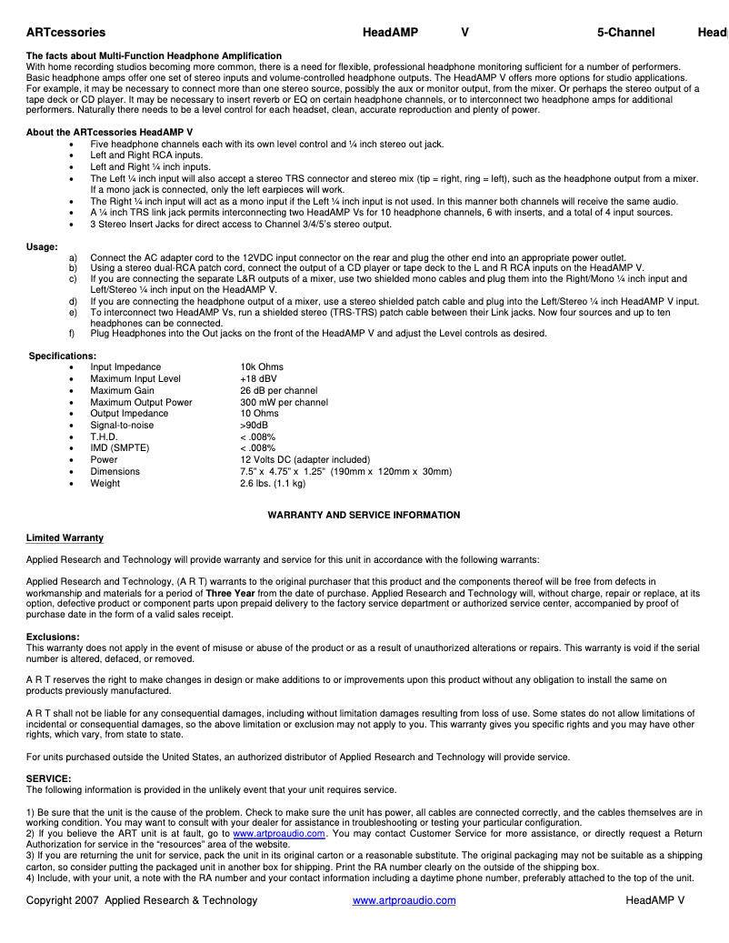 Imagen de la primera página del manual del dispositivo HeadAMP V