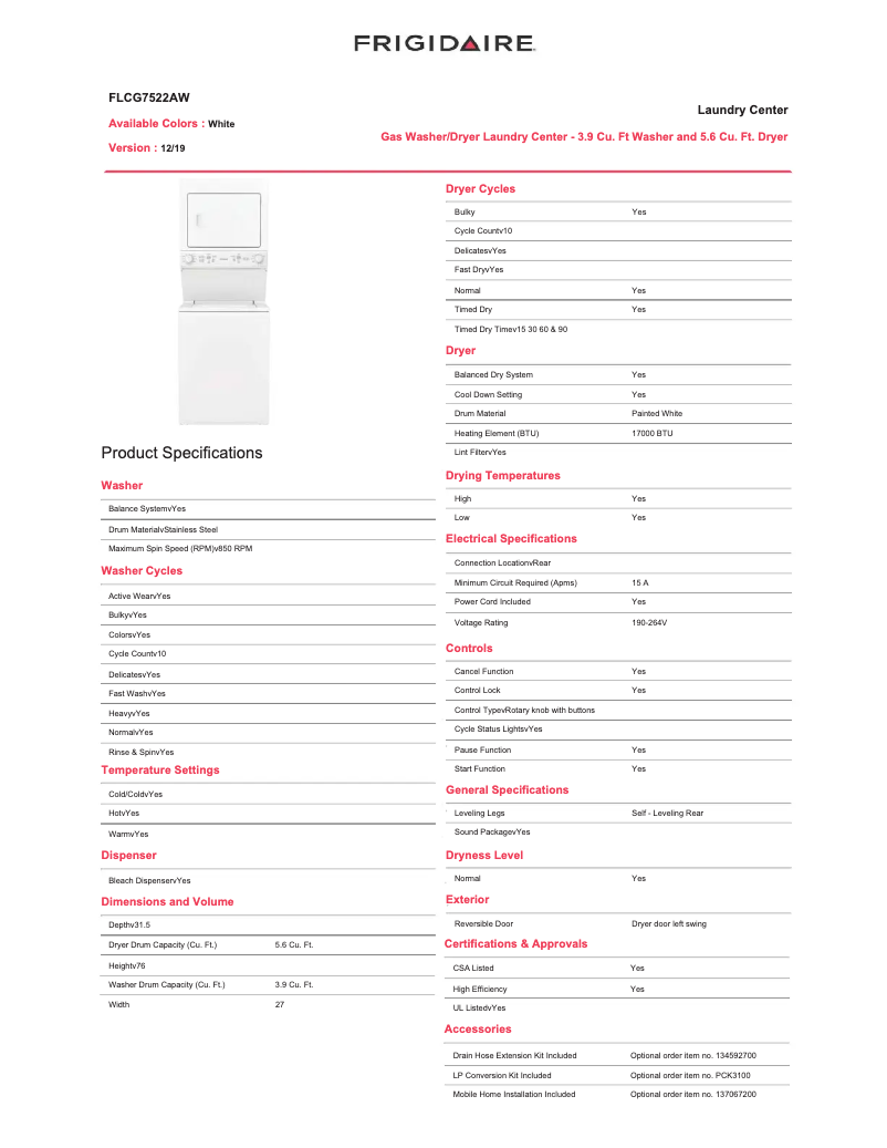 Página 1 del manual Ficha técnica Frigidaire FLCG7522AW