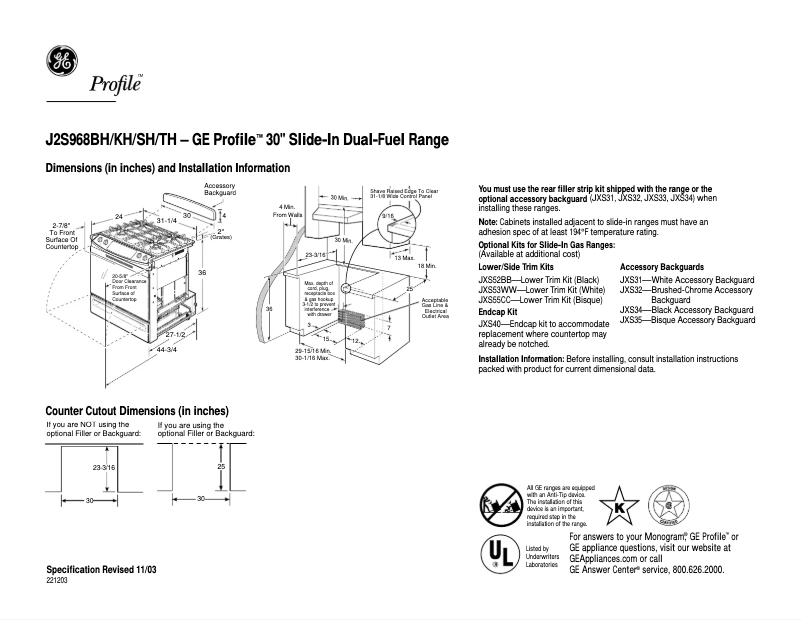 Página 1 del manual Ficha técnica GE Profile J2S968KHCC