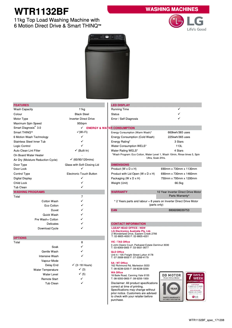 Página nº 1 - Ficha técnica LG WTR1132BF