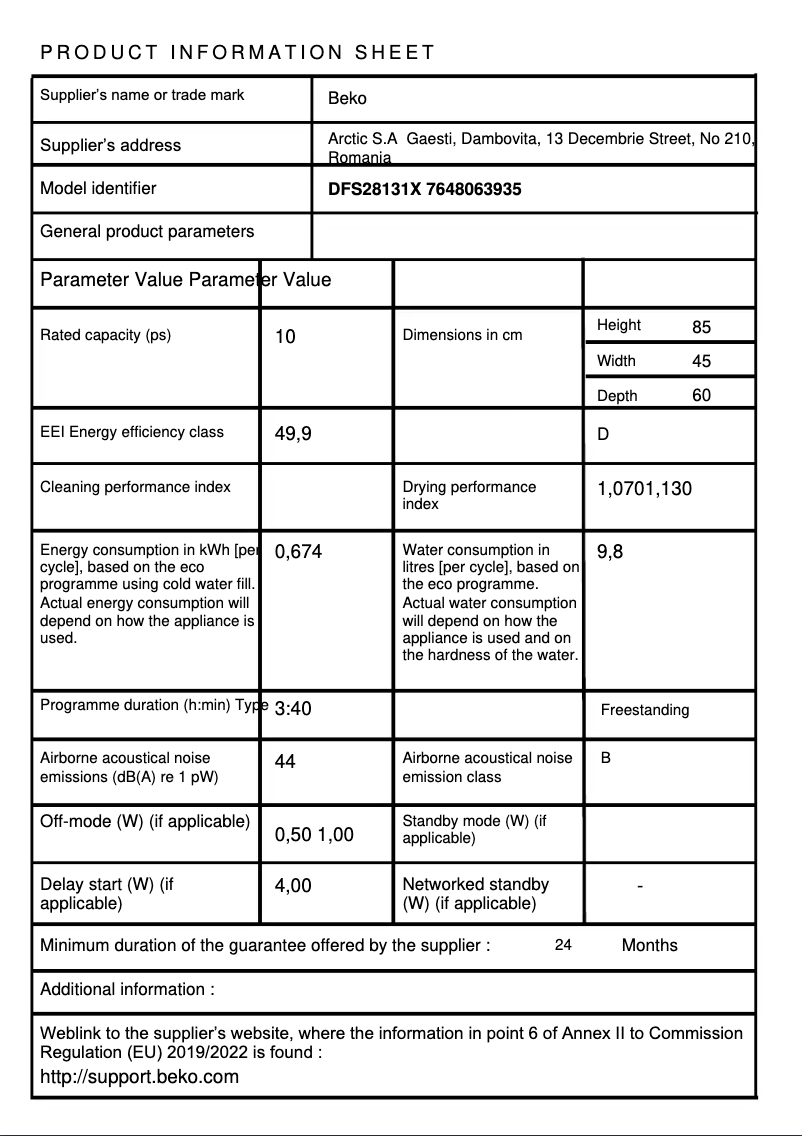 Página 1 del manual Ficha técnica Beko DFS28131X