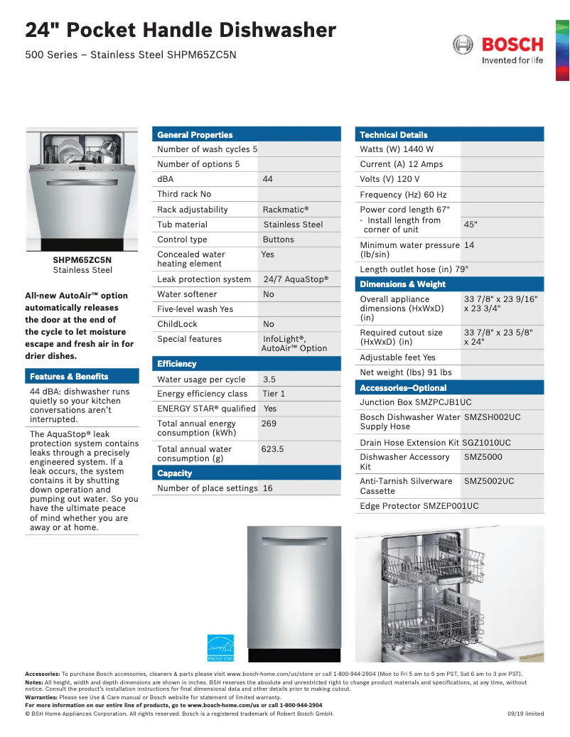 Página 1 del manual Ficha técnica Bosch SHPM65ZC5N