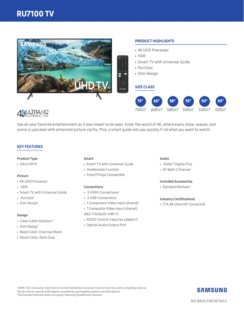 Página 1 del manual Ficha técnica Samsung UN75RU7100FXZA