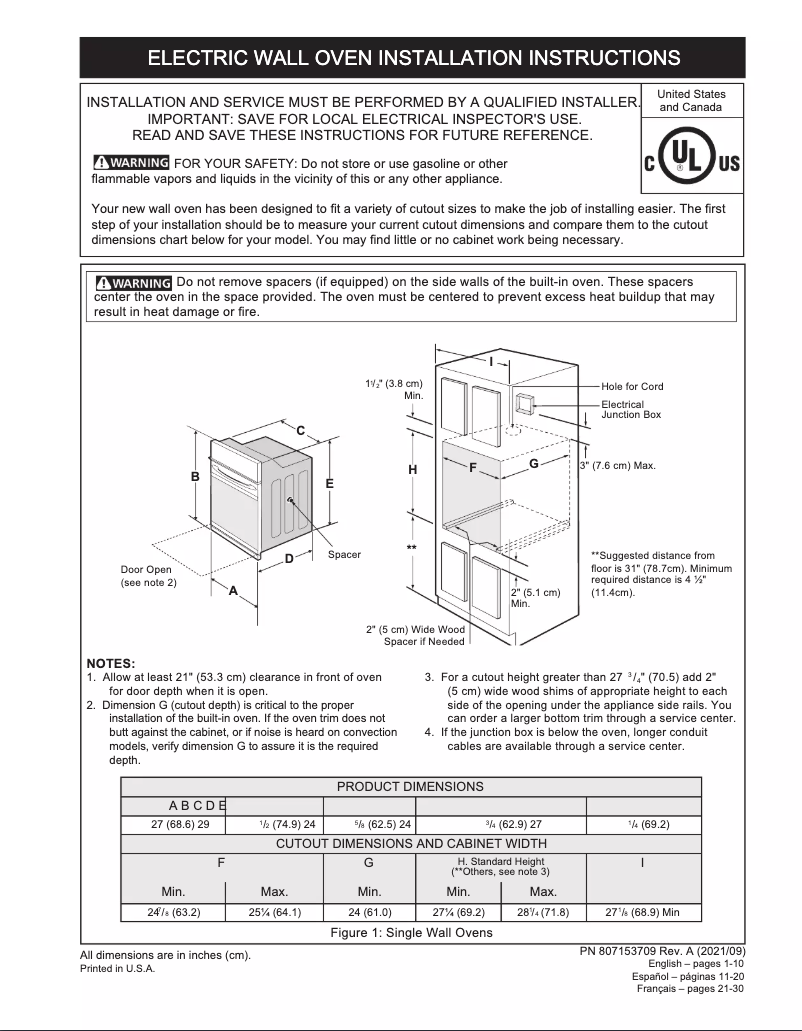 Página 1 del manual Guía de instalación Frigidaire FCWS2727AS