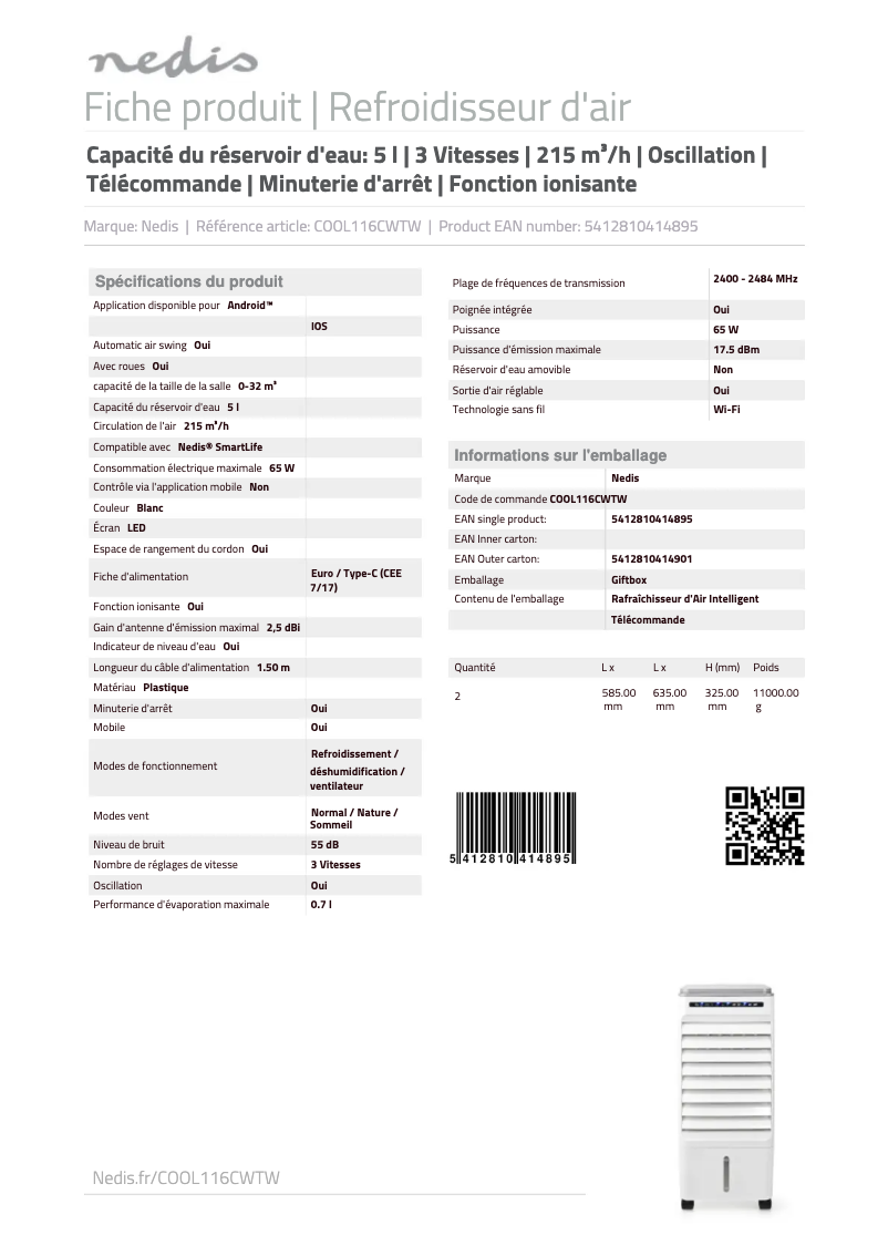 Página 1 del manual Ficha técnica Nedis COOL116CWTW