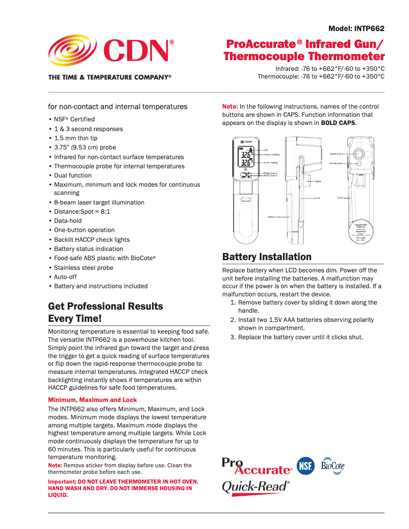 Imagen de la primera página del manual del dispositivo ProAccurate INTP662