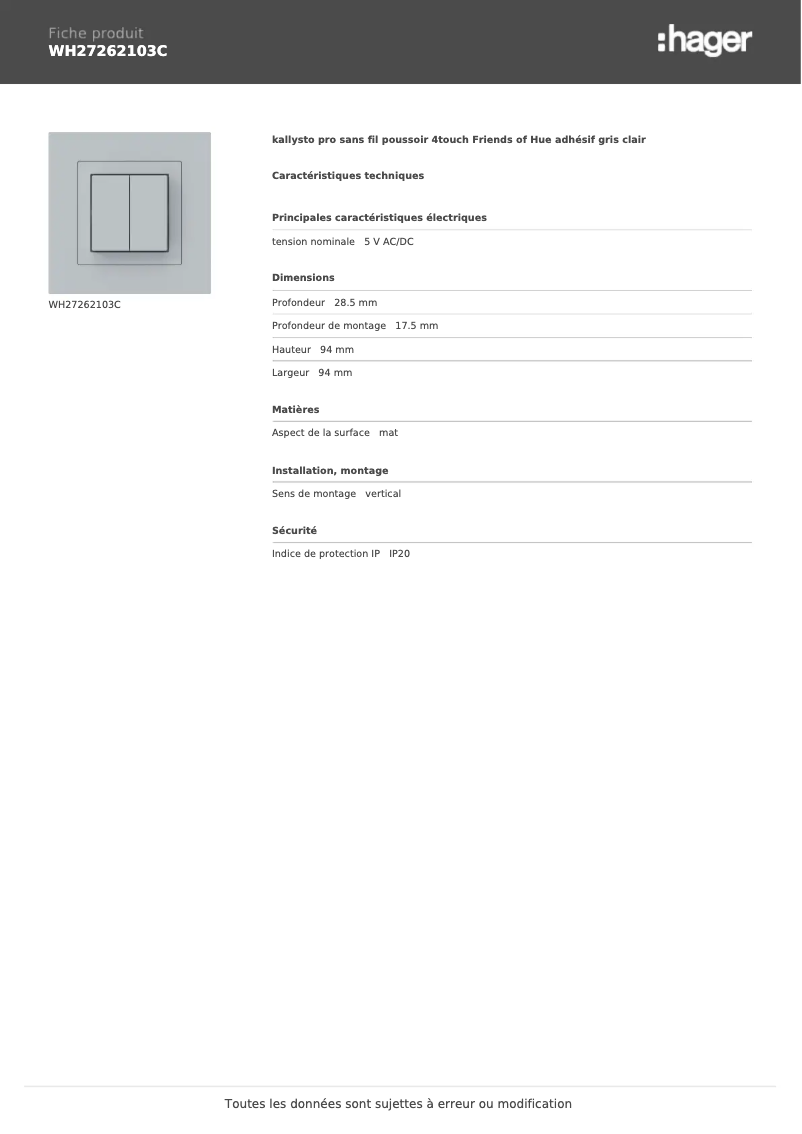 Página 1 del manual Ficha técnica Hager WH27262103C