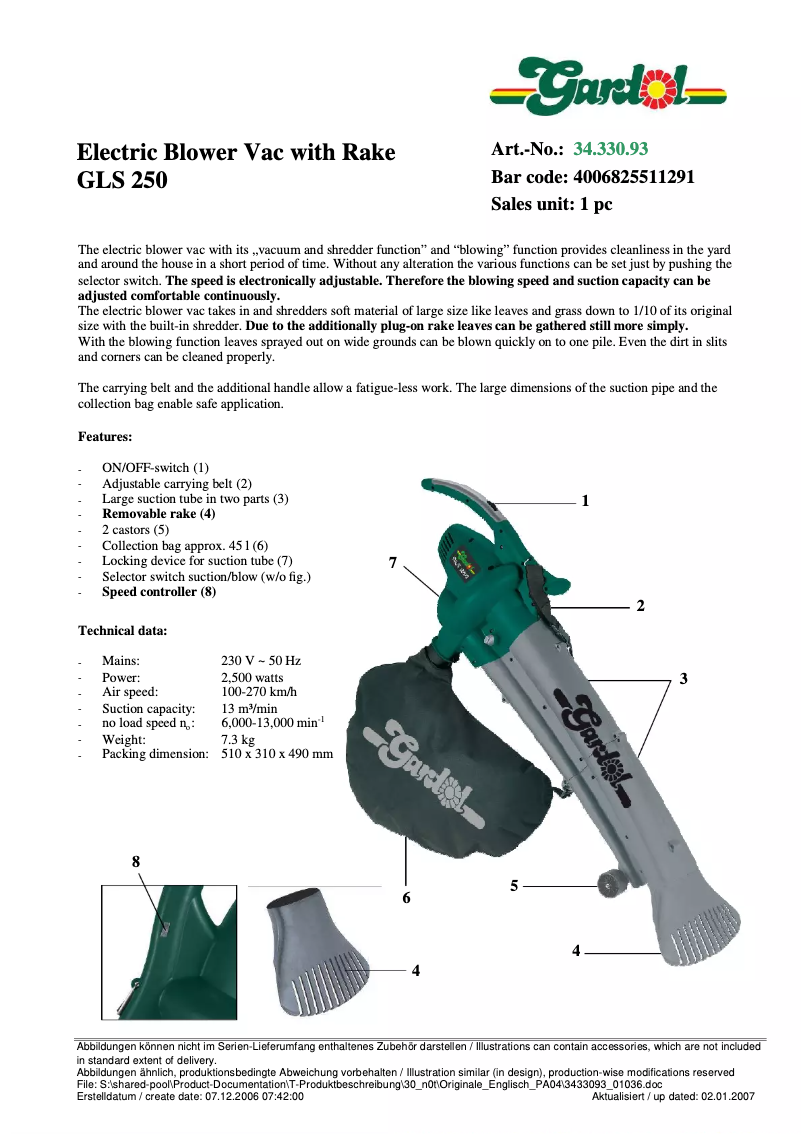 Página 1 del manual Ficha técnica Gardol GLS 250