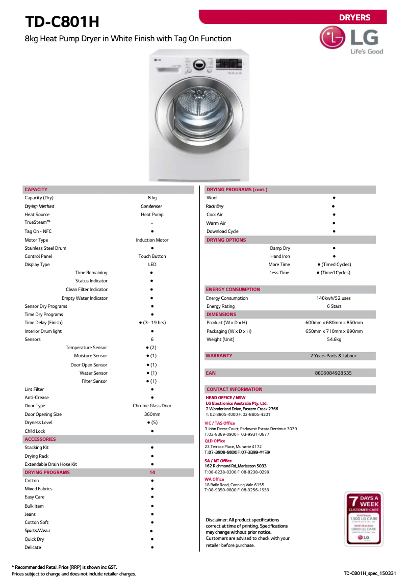 Página 1 del manual Ficha técnica LG TD-C801H