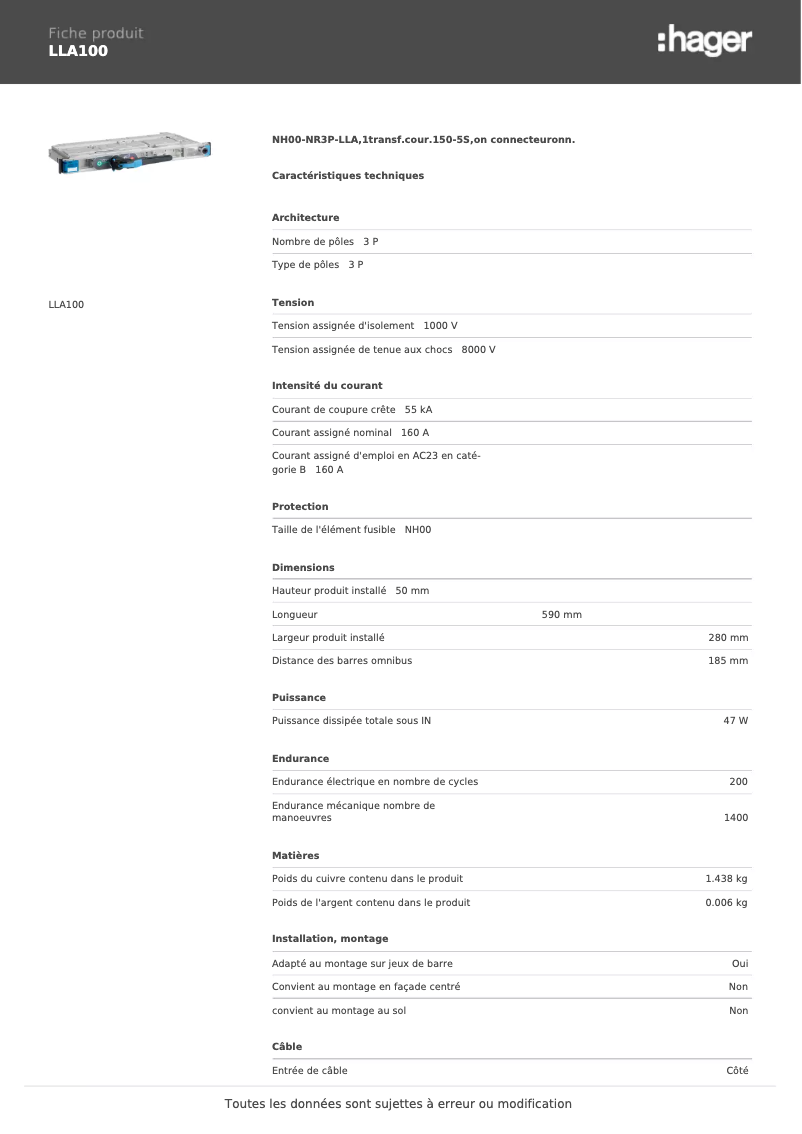 Página 1 del manual Ficha técnica Hager LLA100