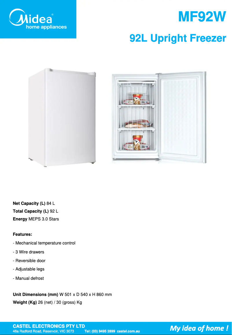 Página 1 del manual Ficha técnica Midea MF92W