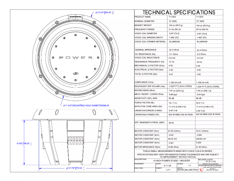 Página 1 del manual Ficha técnica Rockford Fosgate Power T112D4