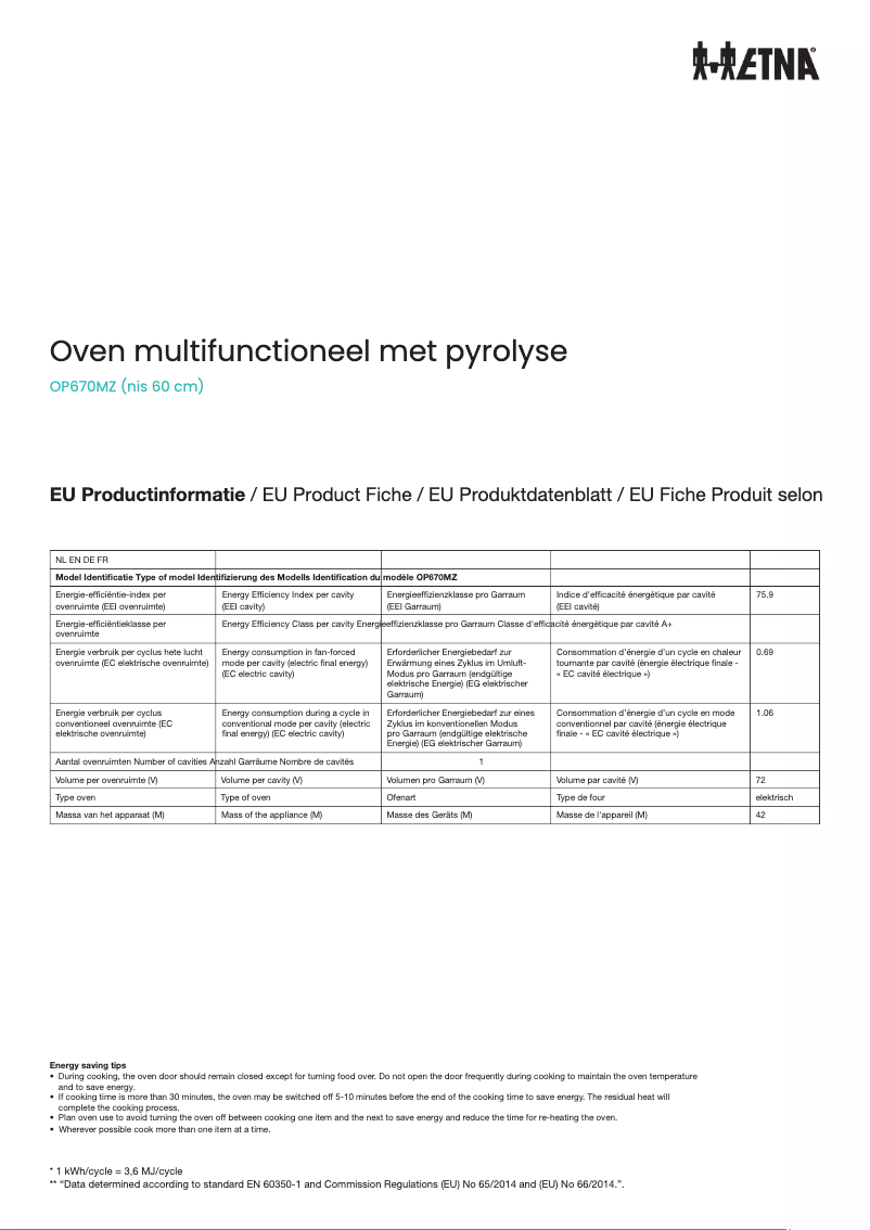 Página 1 del manual Ficha técnica Etna OP670MZ