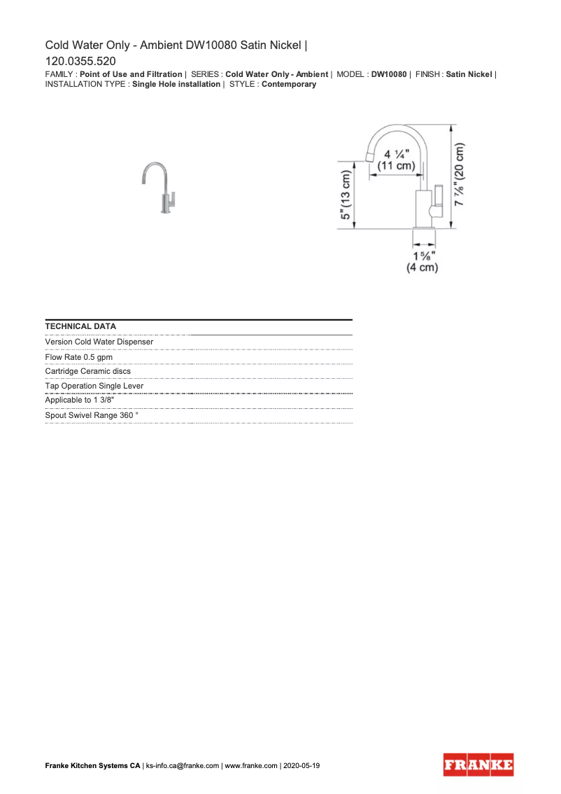 Página 1 del manual Ficha técnica Franke Ambient DW10080