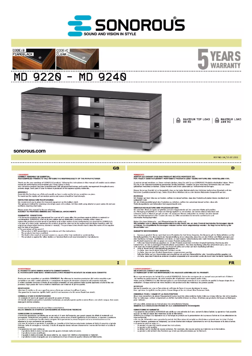 Página 1 del manual Manual de usuario Sonorous MD 9220-B-HBLK-BLK