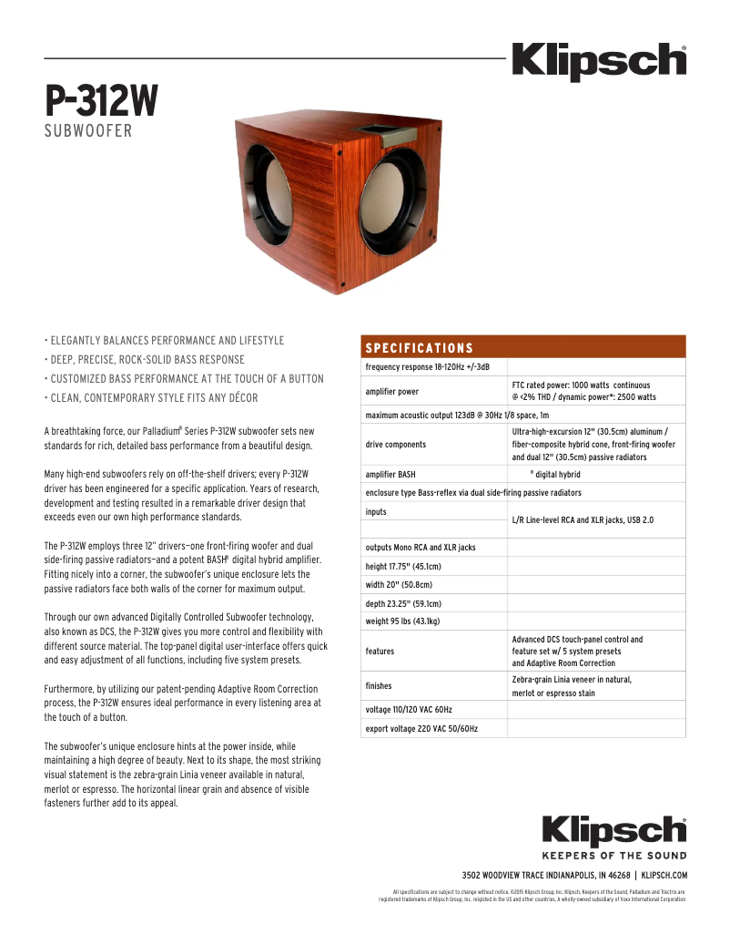 Página 1 del manual Ficha técnica Klipsch P-312W