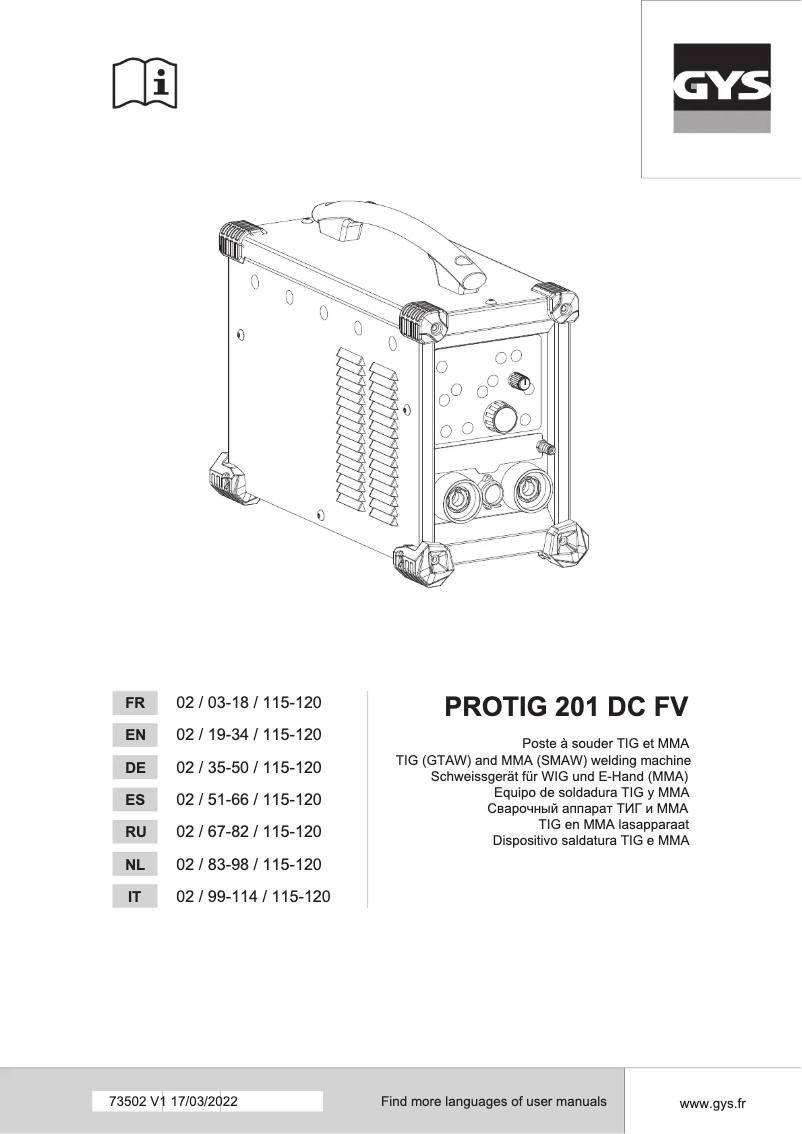 Imagen de la primera página del manual del dispositivo Protig 201 DC FV