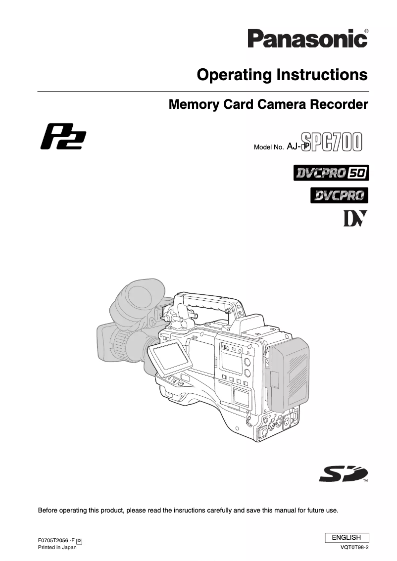 Imagen de la primera página del manual del dispositivo AJ-SPC700