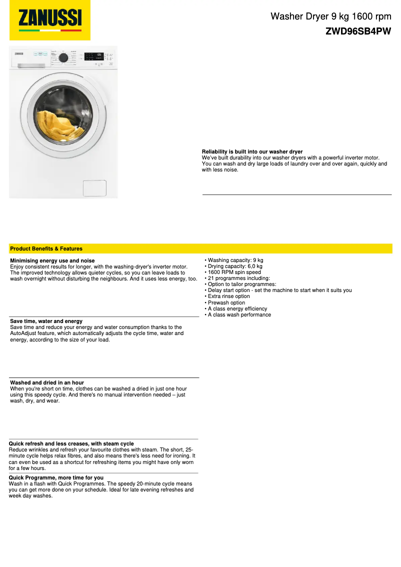 Página 1 del manual Ficha técnica Zanussi ZWD96SB4PW