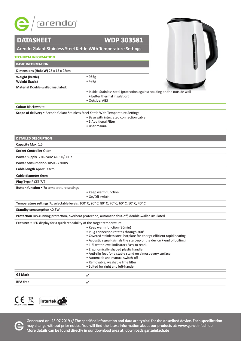 Página 1 del manual Ficha técnica Arendo 303097