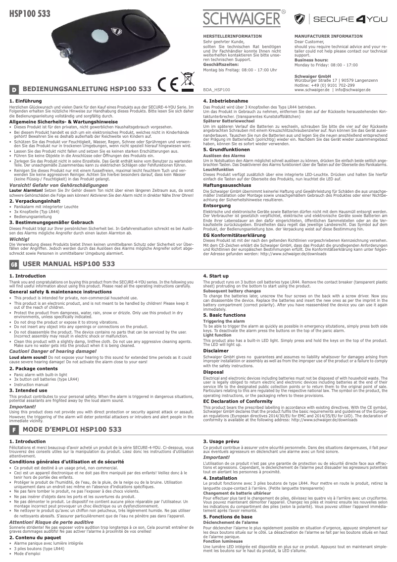 Página 1 del manual Manual de usuario Schwaiger HSP100 533