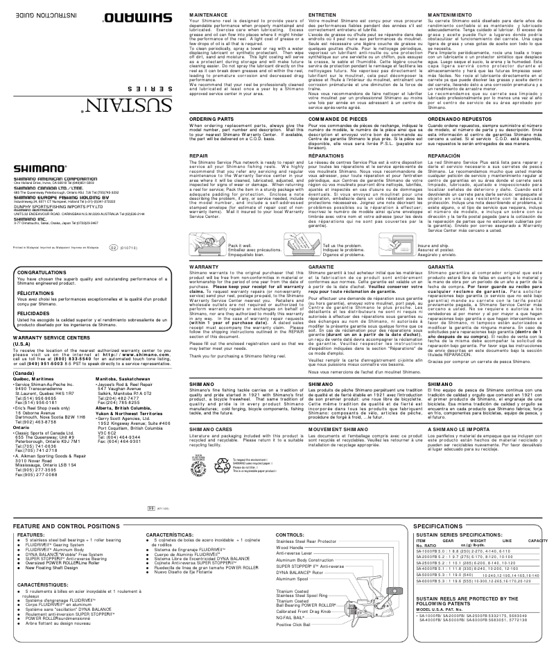 Página 1 del manual Manual de usuario Shimano Sustain 2500FB