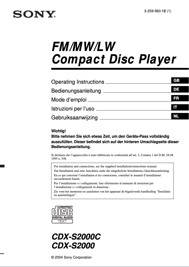 Página 1 del manual Manual de instrucciones Sony CDX-S2000C