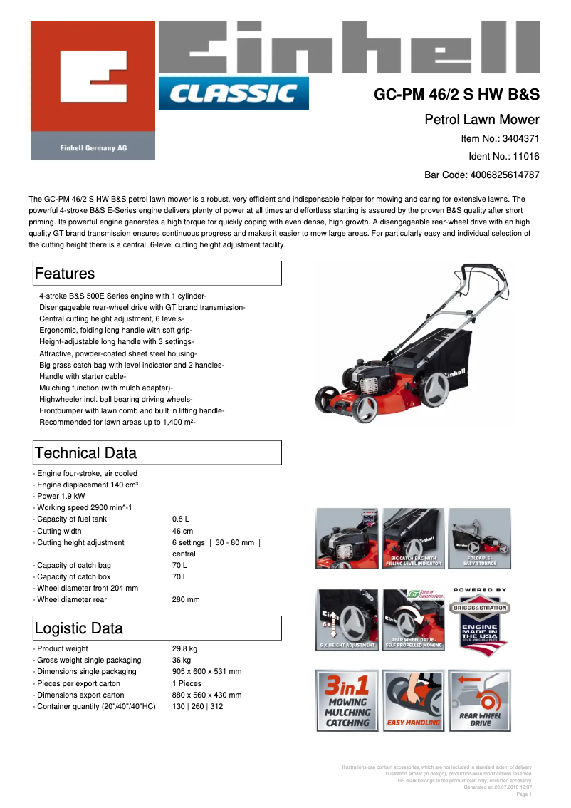 Página 1 del manual Ficha técnica Einhell GC-PM 46/2 S HW B&S