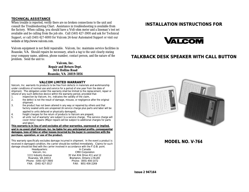 Página 1 del manual Manual de usuario Valcom Talkback Push Button V-764