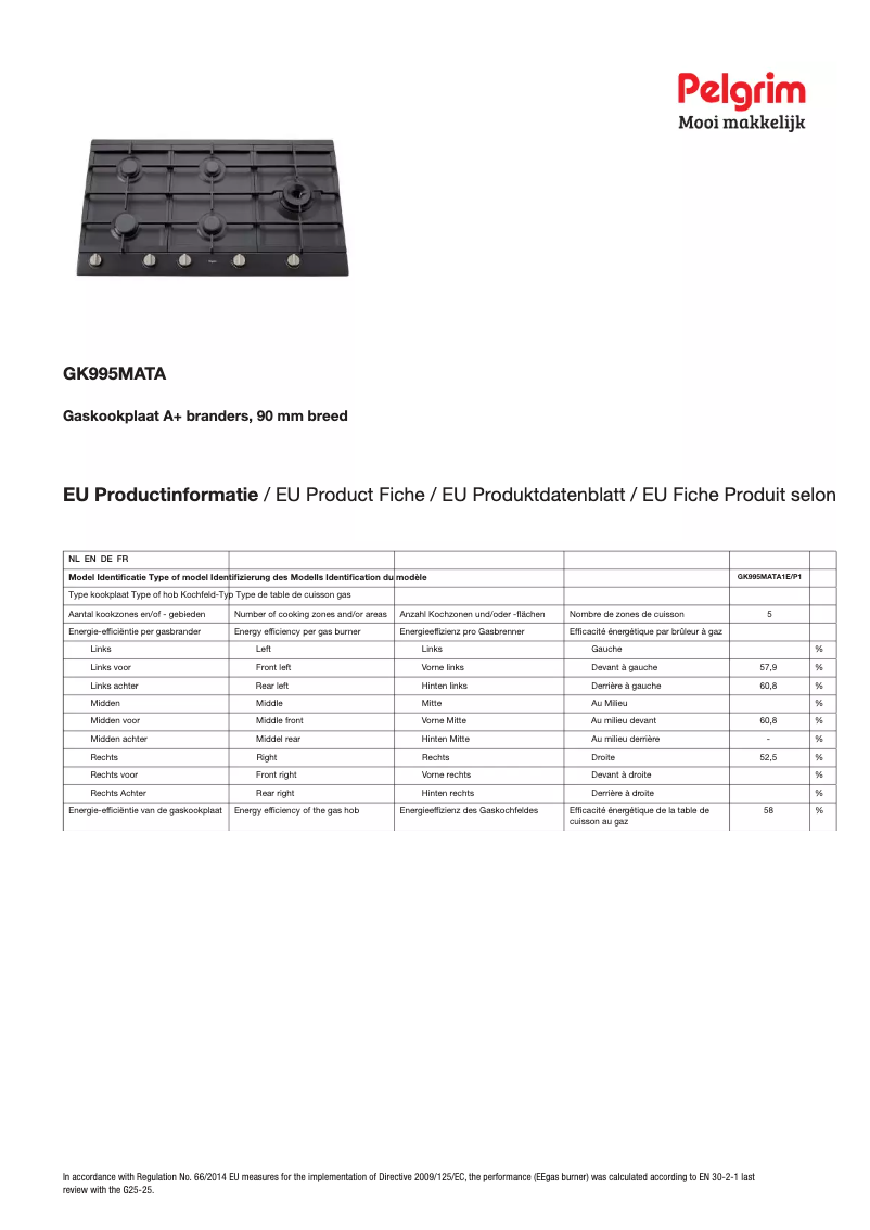 Página 1 del manual Ficha técnica Pelgrim GK995MATA