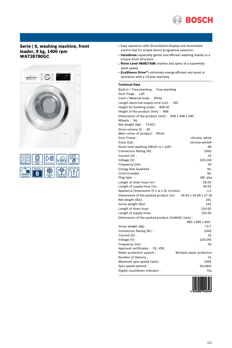 Imagen de la primera página del manual del dispositivo WAT28780GC