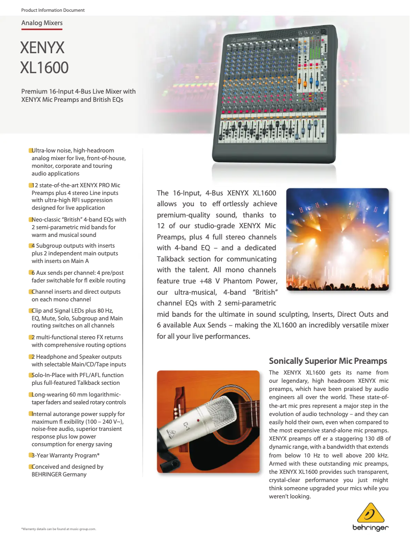 Página 1 del manual Ficha técnica Behringer Xenyx XL1600