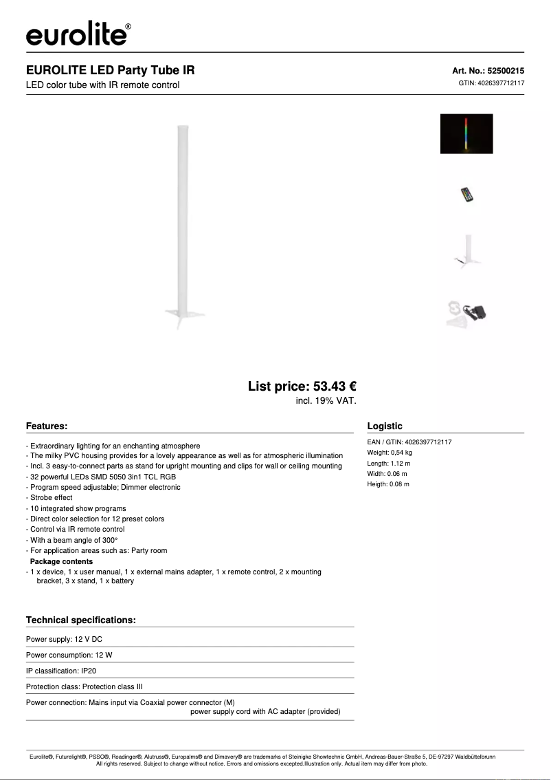 Página nº 1 - Ficha técnica Eurolite LED Party Tube IR