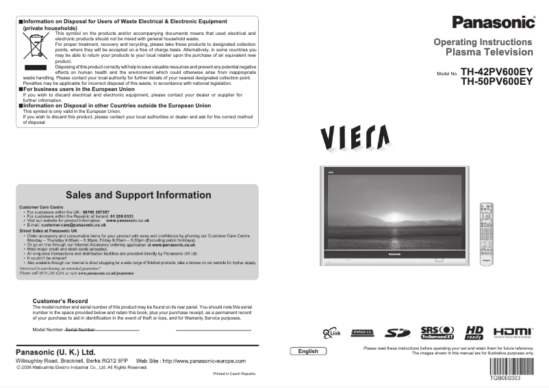 Imagen de la primera página del manual del dispositivo Viera TH-50PV600EY